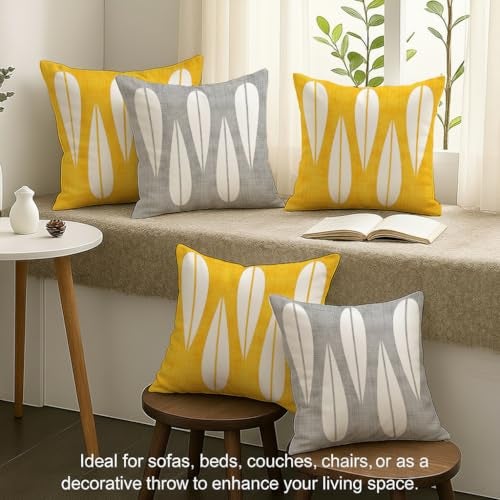 STITCHNEST Set of 5 Polycotton Cushion Covers – Yellow & Grey Abstract Drop Design – 16x16 Inches – Soft & Durable Cushion Covers for Sofa, Bed & Living Room | Perfect for Home Decor - Image 3