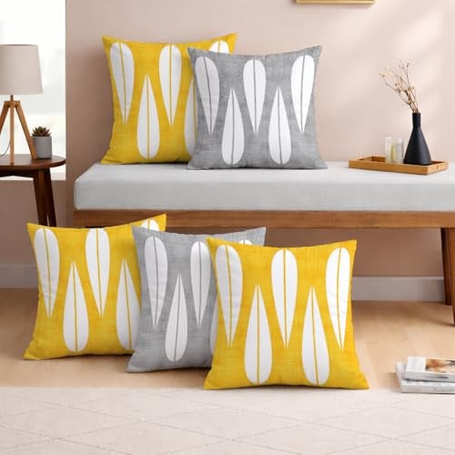 STITCHNEST Set of 5 Polycotton Cushion Covers – Yellow & Grey Abstract Drop Design – 16x16 Inches – Soft & Durable Cushion Covers for Sofa, Bed & Living Room | Perfect for Home Decor - Image 1