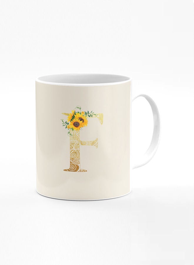 Stylizedd Designer Printed Coffee Mug 11oz Ceramic Personalised Gift Mugs Cup Custom Monogram Initial Letter Floral Pattern Alphabet F (Albescent White) - Image 1