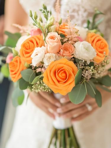 MACTING Artificial Rose Flowers 30PCS Real Touch Fake Flowers with Stem Orange Faux Foam Roses for DIY Wedding Bouquet Table Centerpieces Party Bridal Shower Home Fall Thanksgiving Decor - Image 4