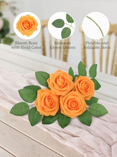 MACTING Artificial Rose Flowers 30PCS Real Touch Fake Flowers with Stem Orange Faux Foam Roses for DIY Wedding Bouquet Table Centerpieces Party Bridal Shower Home Fall Thanksgiving Decor - Image 5