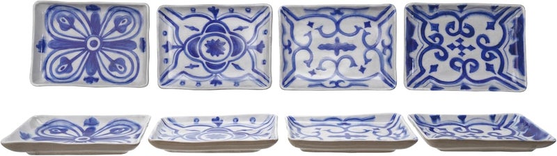Creative CoOp 4Piece Stoneware Rectangular Plate Blue and White - Image 1