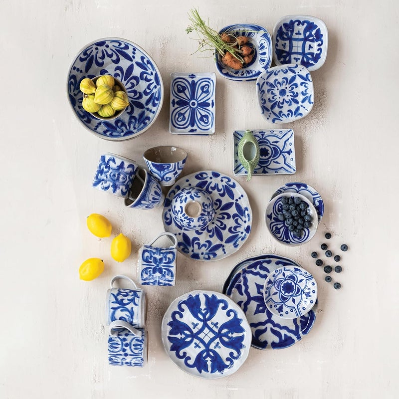 Creative CoOp 4Piece Stoneware Rectangular Plate Blue and White - Image 2