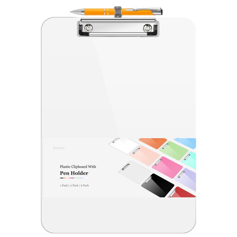Sooez Plastic Clipboard with Pen Holder, [10% Thicker] Clip Boards 8.5x11 with Low Profile Clip, Cute Hanging Clipboard, Standard Letter Size A4 for Women Kid Teacher, Office & School Supplies, White - Image 1