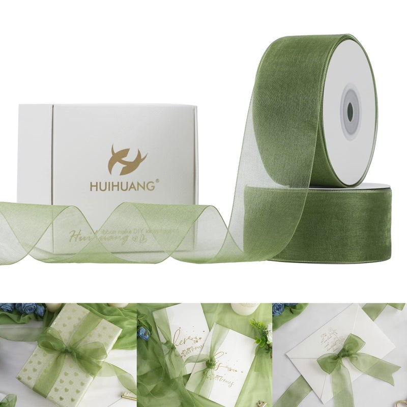 HUIHUANG Moss Green Organza Ribbon 112 Moss Shimmer Sheer Ribbon for Wedding Gift Wrapping Floral Bouquet Baby Shower Bridal Shower All Types of Crafts  100 Yards Totally