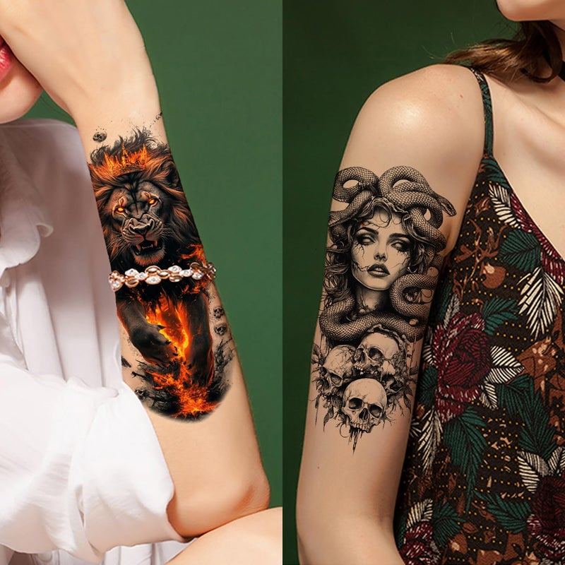 Glaryyears 24-Pack Half Sleeve Temporary Tattoos For Adults - Realistic 3D Lion  Eagle  Skull  Jesus & Greek God Designs | Waterproof Forearm Body Stickers For Men & Women (Gothic Style  Long Lasting) - Image 2