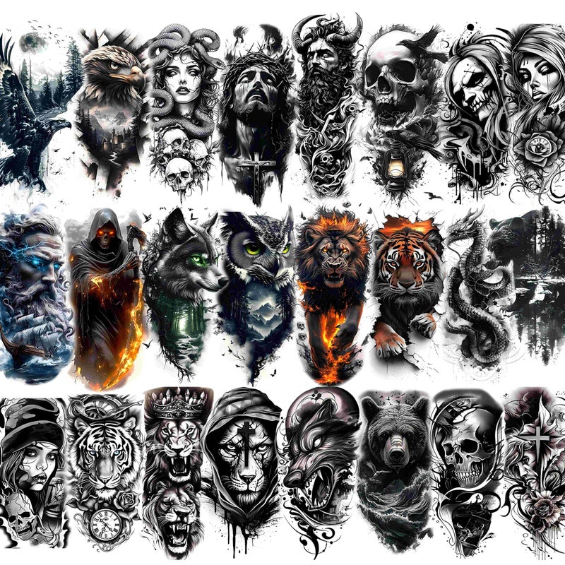 Glaryyears 24-Pack Half Sleeve Temporary Tattoos For Adults - Realistic 3D Lion  Eagle  Skull  Jesus & Greek God Designs | Waterproof Forearm Body Stickers For Men & Women (Gothic Style  Long Lasting) - Image 1