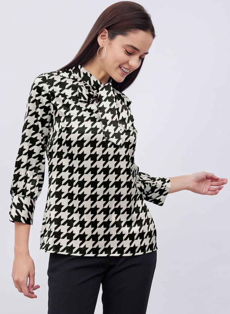 Salt Attire Women's Multi-Color Houndstooth Print Top with 3/4th Sleeves, Tie-Up Detail, and Stylish Design for Effortless Work Lunches and Casual Days  - Image 1