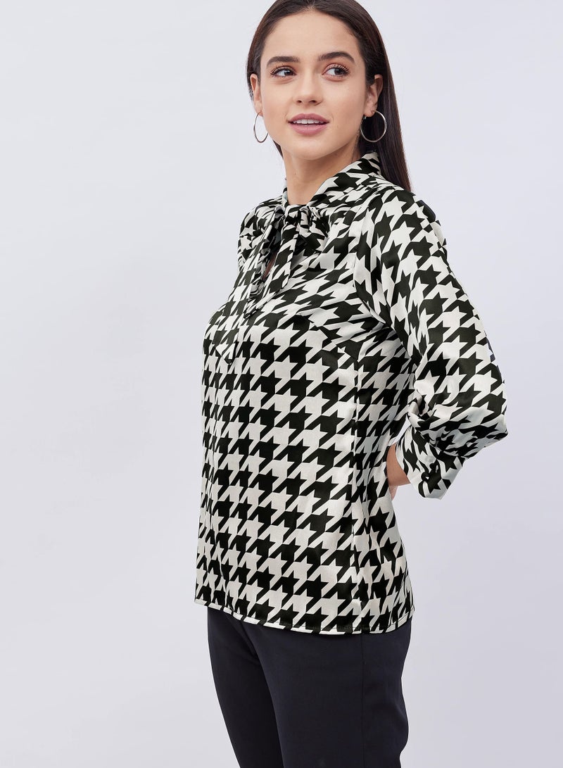 Salt Attire Women's Multi-Color Houndstooth Print Top with 3/4th Sleeves, Tie-Up Detail, and Stylish Design for Effortless Work Lunches and Casual Days  - Image 2