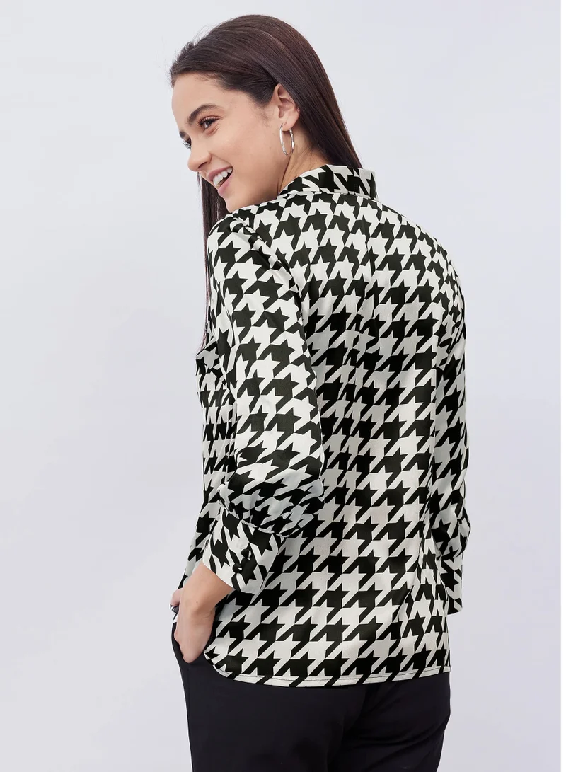 Salt Attire Women's Multi-Color Houndstooth Print Top with 3/4th Sleeves, Tie-Up Detail, and Stylish Design for Effortless Work Lunches and Casual Days