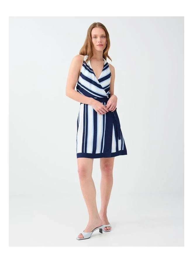 Jimmy Key Broken White Linen-Blend V-Neck Dress with Tie Detailing.
