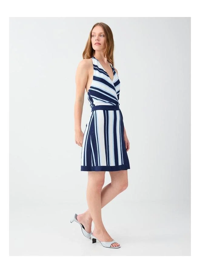 Jimmy Key Broken White Linen-Blend V-Neck Dress with Tie Detailing.
