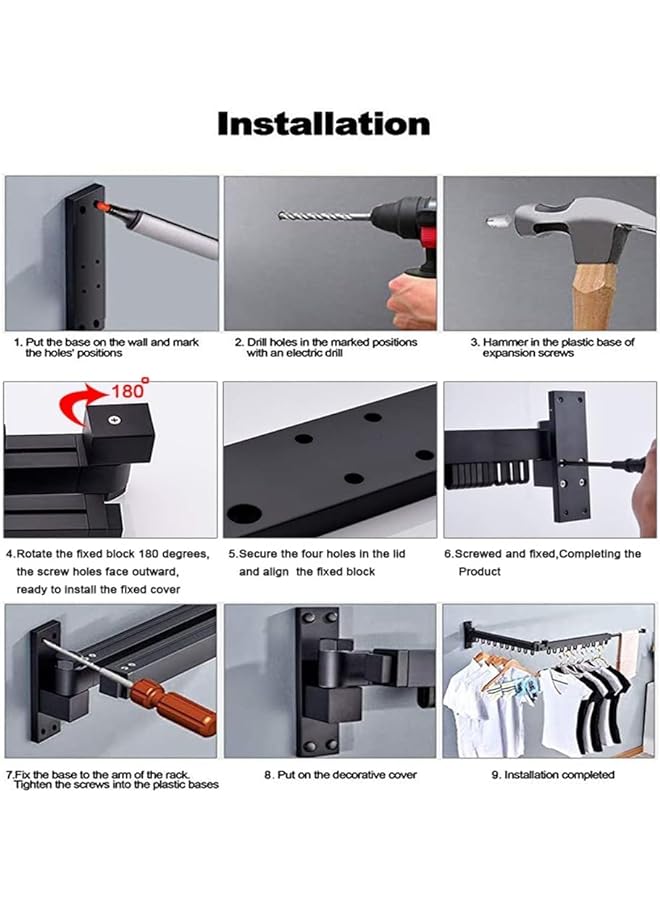 Zaboon رف تجفيف الملابس المثبت على الحائط، رف تعليق ملابس قابل للطي، رف تجفيف الملابس المثبت على الحائط، نظام تعليق لتجفيف الملابس موفر للمساحة، رف ملابس متين (3 طيات) - Image 4