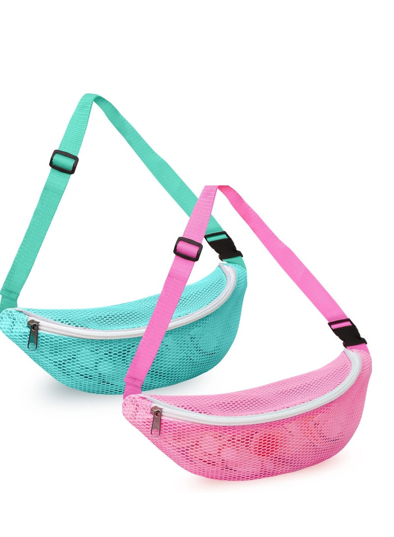 Excefore 2 PCS Mesh Beach Bag, Shell Collecting Bag, Adjustable Strap Kids Quick Dry Net Tote, Suitable for Collecting Seashells Rocks for Boys and Girls (Pink & Teal )  - Image 1
