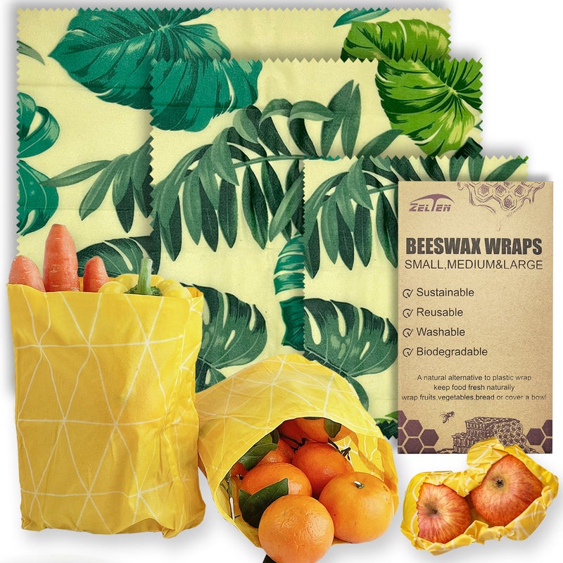 Zelten Beeswax Reusable Food Wraps - (3 Packs, 3 Sizes S,M,L) Plastic and Silicone Free, Eco-friendly Wrap, Wax Paper for Food,Monstera - Image 1