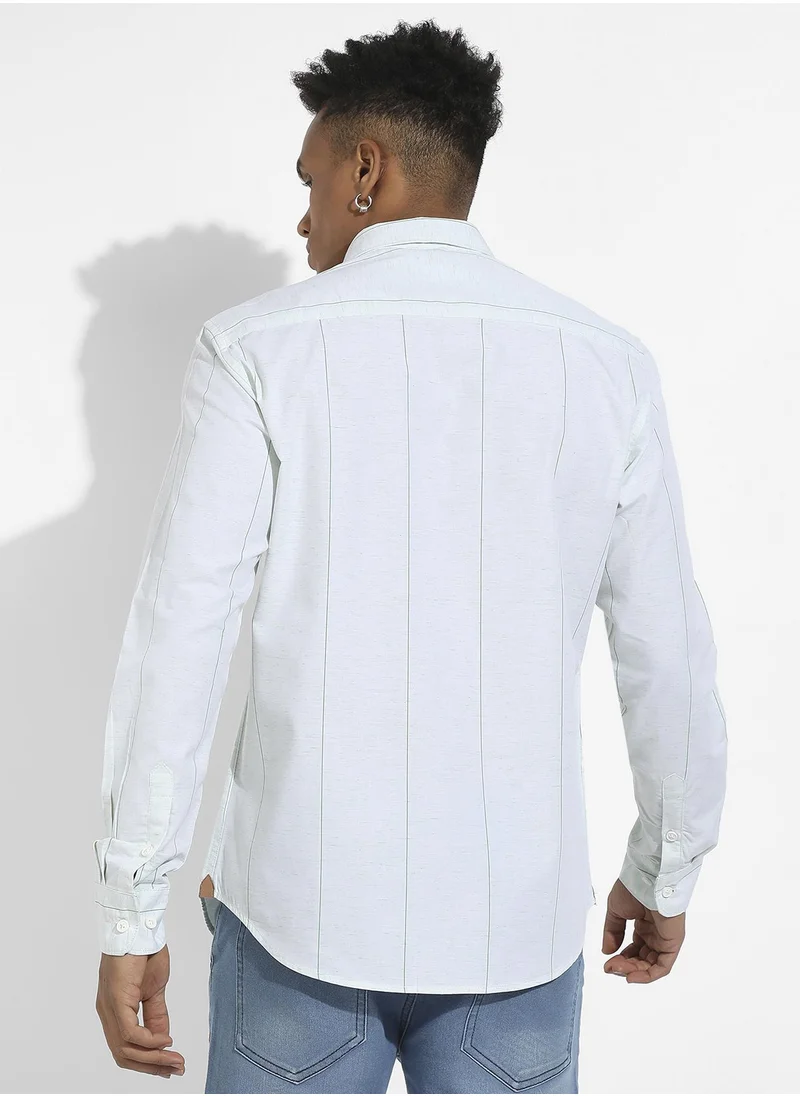 Campus Sutra Men's White Heathered Pinstriped Shirt