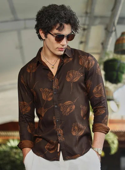 Campus Sutra Men's Coffee Brown Withered-Flower Shirt