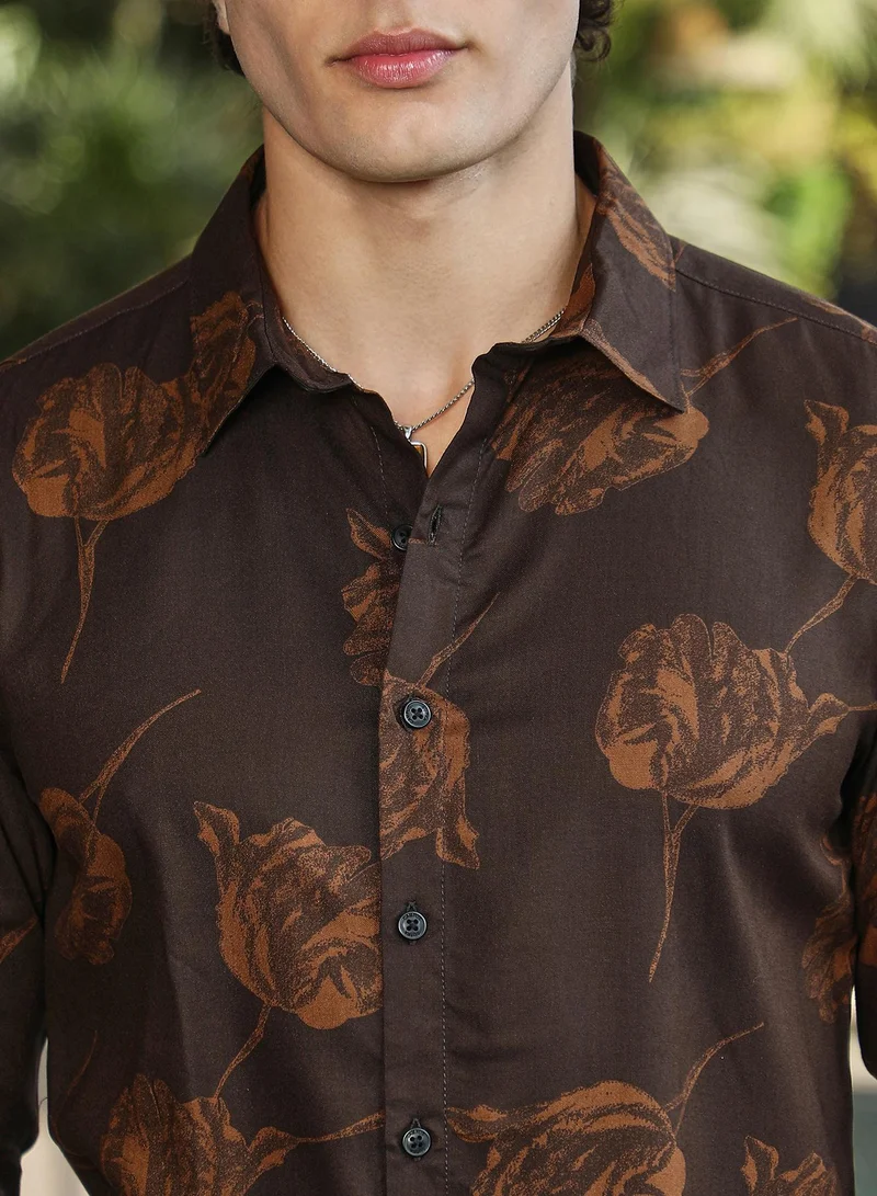 Campus Sutra Men's Coffee Brown Withered-Flower Shirt