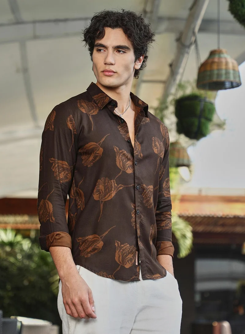 Campus Sutra Men's Coffee Brown Withered-Flower Shirt