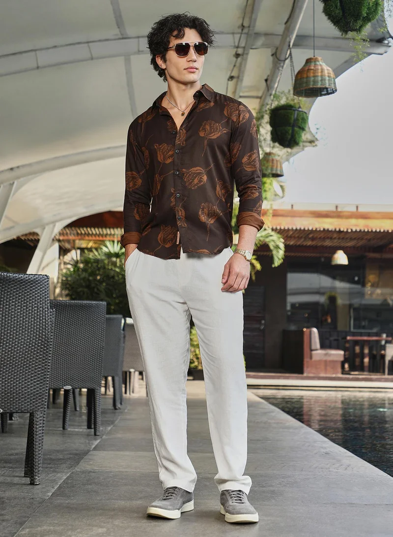 Campus Sutra Men's Coffee Brown Withered-Flower Shirt