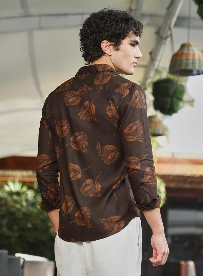 Campus Sutra Men's Coffee Brown Withered-Flower Shirt