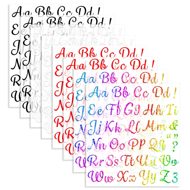 LUHIMO 8 Sheets Iron On Letters For Clothing  1 Inch Colorful Heat Transfer Vinyl Letter  Iron On Cursive Upper & Lowercase Alphabets Decals With A-Z For Backpack Jerseys Fabric T-Shirts Diy - Image 1