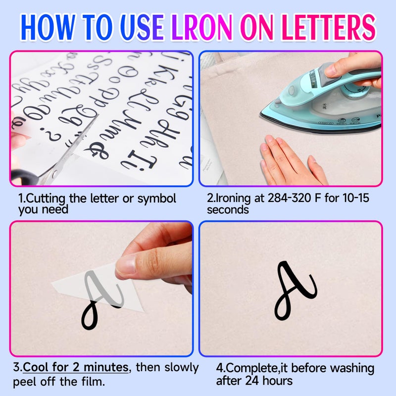 LUHIMO 8 Sheets Iron On Letters For Clothing  1 Inch Colorful Heat Transfer Vinyl Letter  Iron On Cursive Upper & Lowercase Alphabets Decals With A-Z For Backpack Jerseys Fabric T-Shirts Diy - Image 3