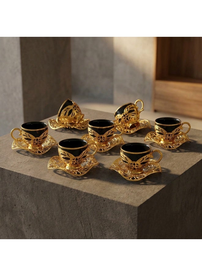 Busem Saudi tea and coffee set of 6 Black Porcelain Cups with Holders and Twisted Gold Copper Saucers – Made in Türkiye - Image 3