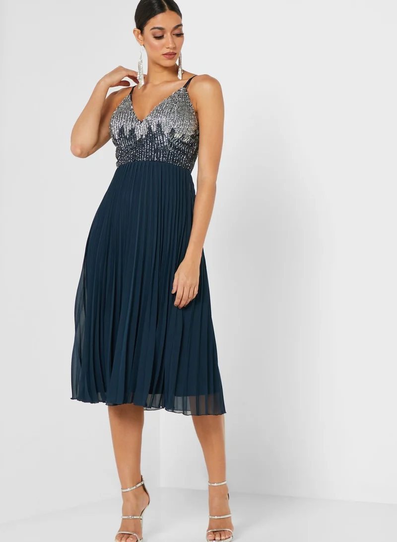 Lace and Beads V-Neck Midi Dress