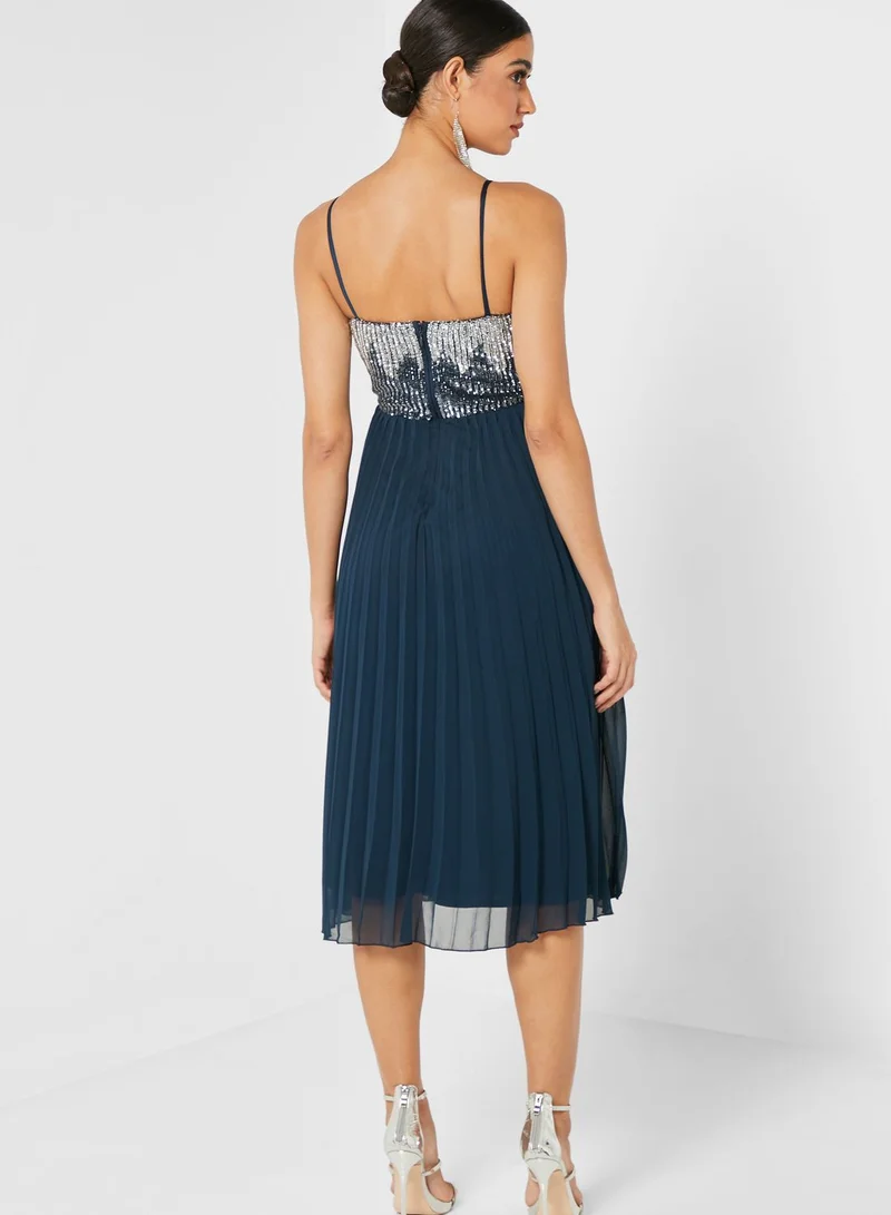 Lace and Beads V-Neck Midi Dress