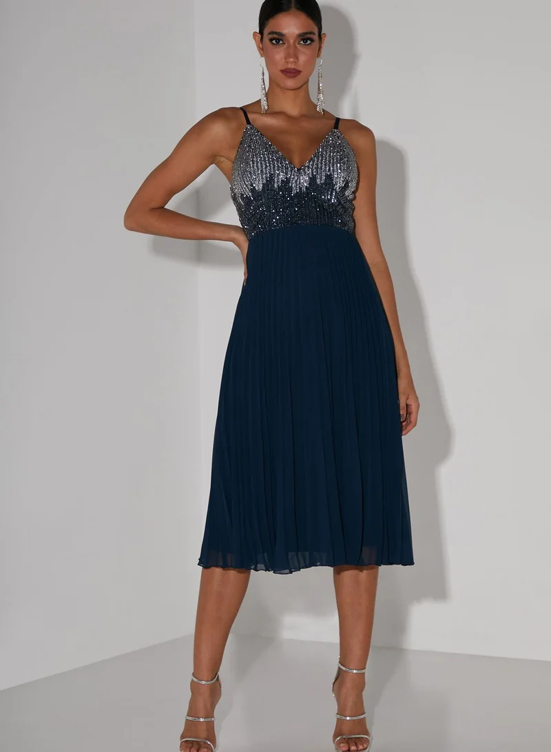 Lace and Beads V-Neck Midi Dress