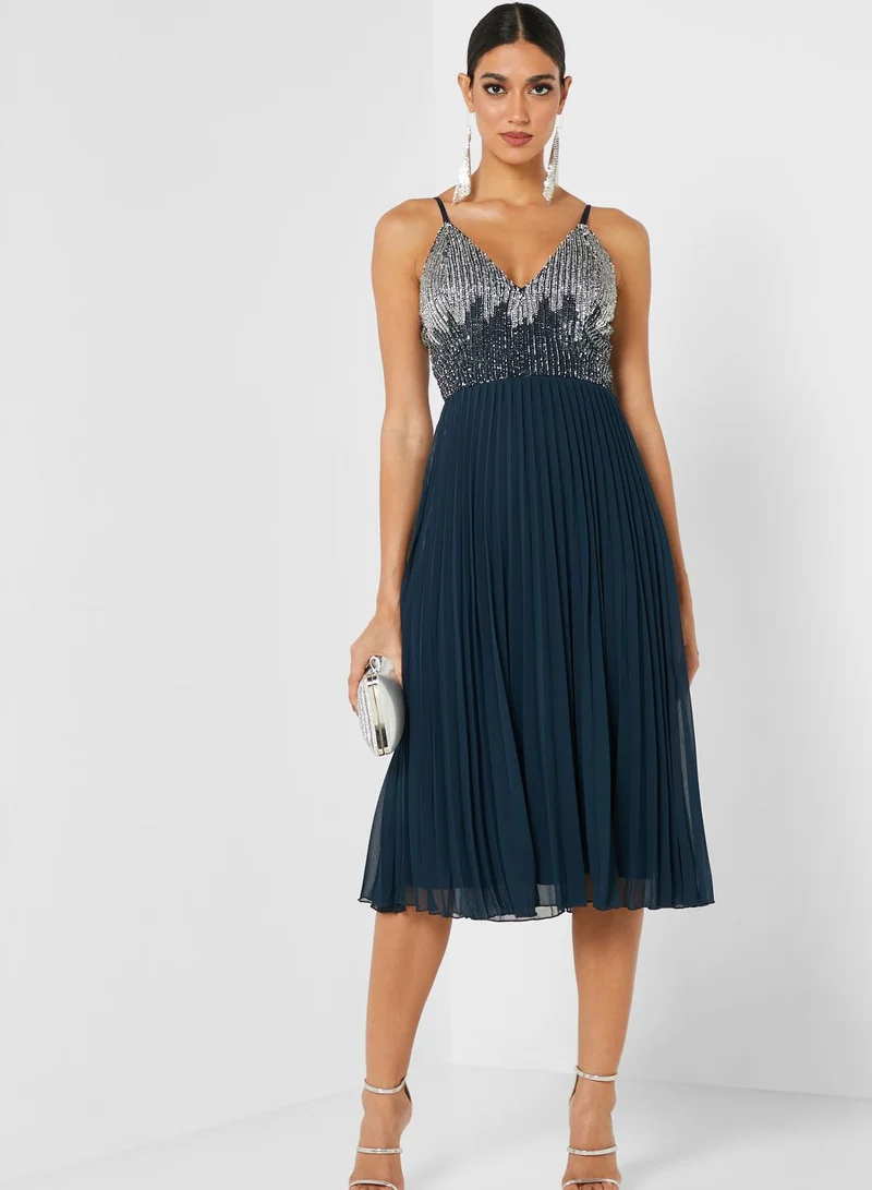 Lace and Beads V-Neck Midi Dress