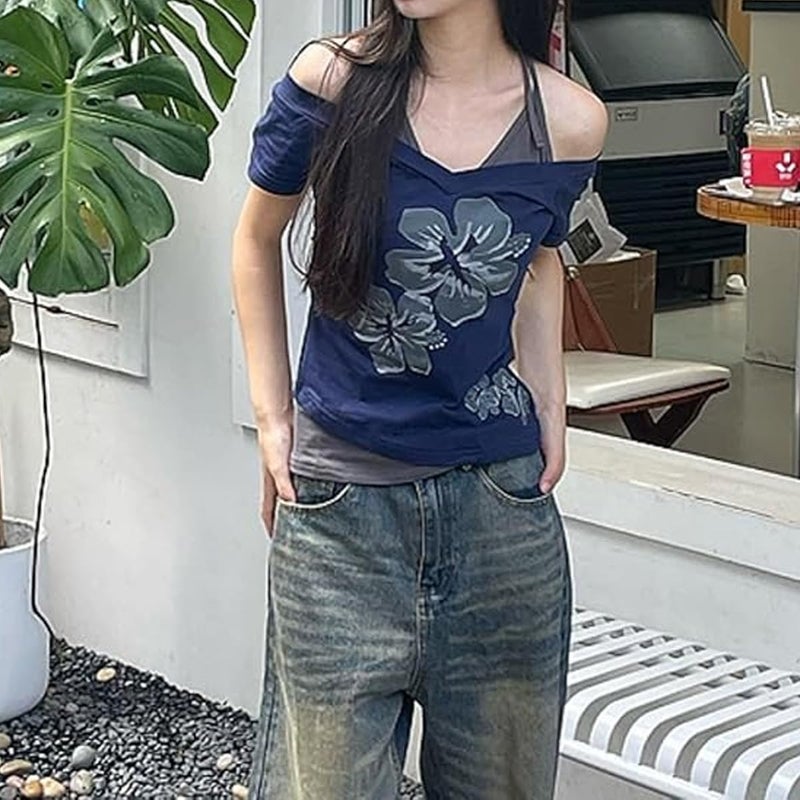 MANGMAO Emo Grunge Shirts Women 2000s Graphic Baby Tees Fake Two Piece Short Sleeve Vintage Y2k Crop Top Goth Alt Clothes (Black Yellow,S,Small) - Image 4