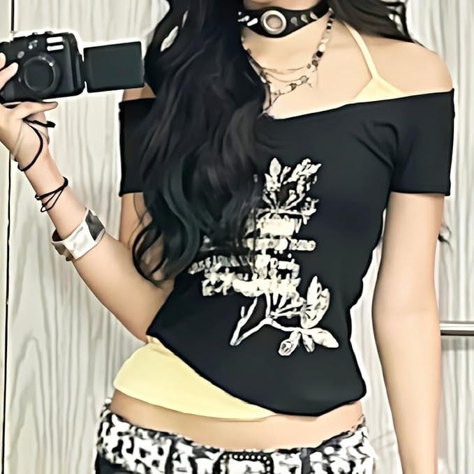 MANGMAO Emo Grunge Shirts Women 2000s Graphic Baby Tees Fake Two Piece Short Sleeve Vintage Y2k Crop Top Goth Alt Clothes (Black Yellow,S,Small) - Image 3