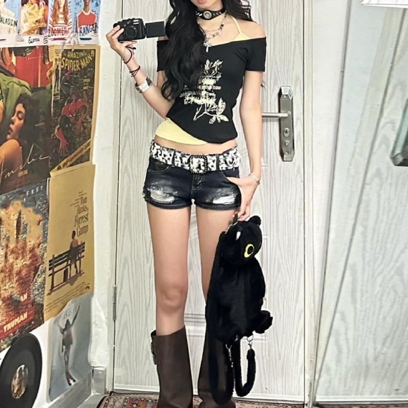 MANGMAO Emo Grunge Shirts Women 2000s Graphic Baby Tees Fake Two Piece Short Sleeve Vintage Y2k Crop Top Goth Alt Clothes (Black Yellow,S,Small) - Image 1