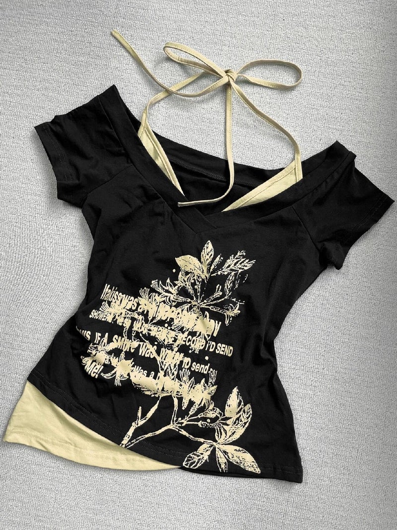 MANGMAO Emo Grunge Shirts Women 2000s Graphic Baby Tees Fake Two Piece Short Sleeve Vintage Y2k Crop Top Goth Alt Clothes (Black Yellow,S,Small) - Image 2