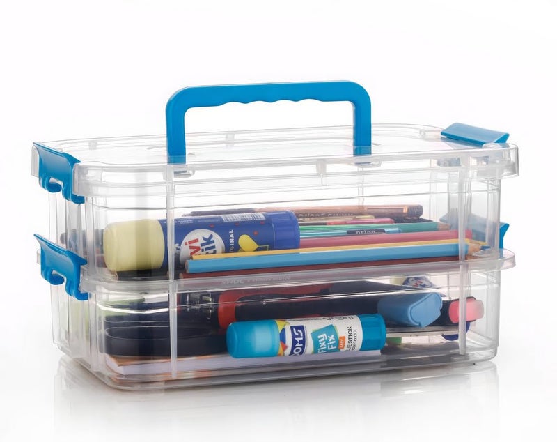 flymore 2 Layer Plastic Storage Containers with Lids Multipurpose Clear Stack Carry Box Portable Craft Organizers and Storage Bin for Organizing Arts Crafts Sewing stationery box Pack Of 2 - Image 1