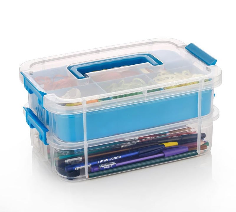 flymore 2 Layer Plastic Storage Containers with Lids Multipurpose Clear Stack Carry Box Portable Craft Organizers and Storage Bin for Organizing Arts Crafts Sewing stationery box Pack Of 2 - Image 2
