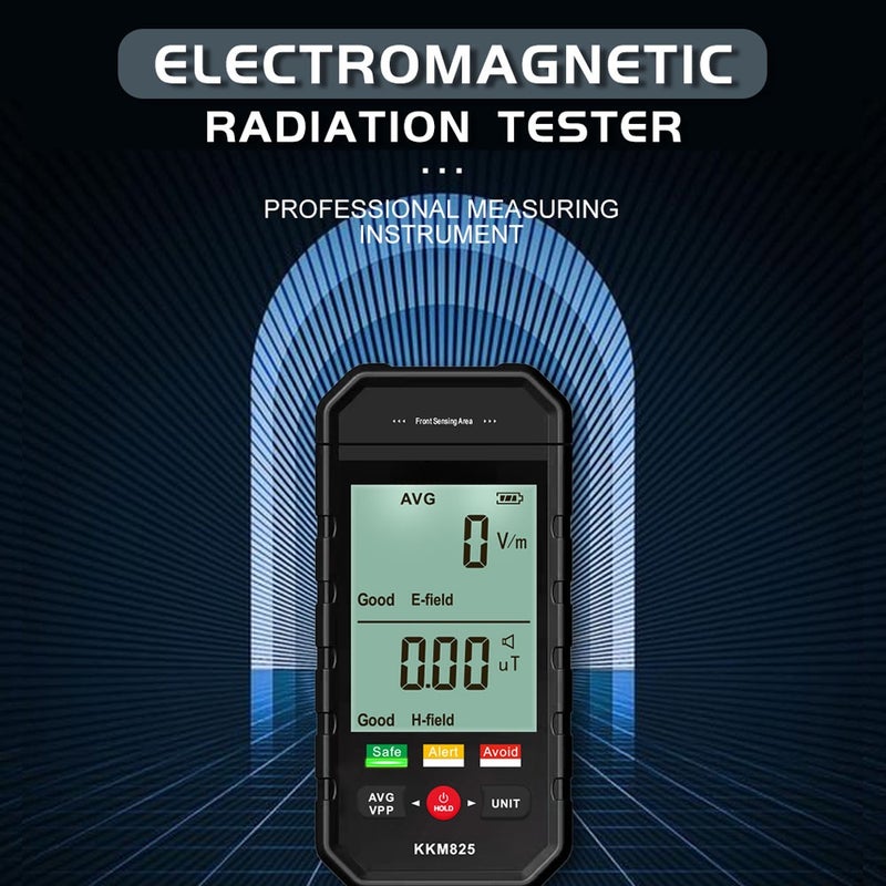 مقياس الإشعاع الكهرومغناطيسي المحمول الآلي kkm825 بشاشة LCD كبيرة عرض مجال كهربائي وتحليل بيانات اختبار إشعاع المجال المغناطيسي مع وظيفة الحفظ والإنذار الصوتي البصري ومؤشر ثلاثي الألوان للمجال المغناطيسي - Image 3