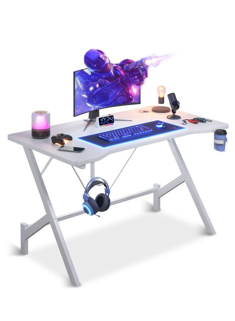 FAMAPY Gaming Desk 110*54*74 cm,Gamer Table With Headphone Hook⋓ Stand,Gaming Desk with Carbon Fibre Surface,Double Cable Hole Writing Study Workstation or Kids Office Table,Ideas for Gamers and Students - Image 1