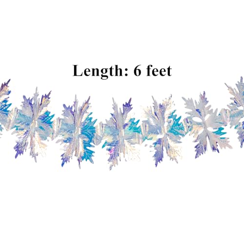 Crafjie 6ft Long Iridescent Snowflake Hanging Decorations Garland, Roll Shiny Foil Metallic Banner Ornaments for Christmas, Frozen Theme Party, Birthday, Wedding, Fairy Princess Rainbow Show Decoration - Image 2