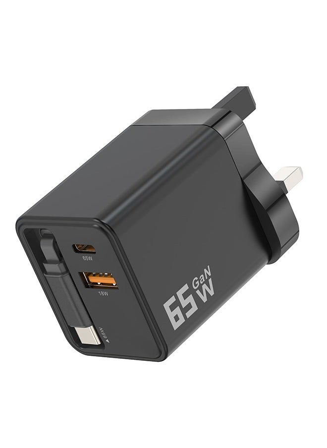 Luttec - 65W Charger Adapter, GaN Super Fast Charging, Portable Travel Wall Charger, Built-in Retractable Charging Cable, Type-C/USB Dual Interface, iPhone/Huawei/Android/Tablet, Compact and Portable, Safe and Durable - Image 1