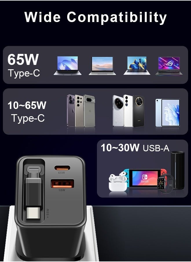 Luttec - 65W Charger Adapter, GaN Super Fast Charging, Portable Travel Wall Charger, Built-in Retractable Charging Cable, Type-C/USB Dual Interface, iPhone/Huawei/Android/Tablet, Compact and Portable, Safe and Durable - Image 1