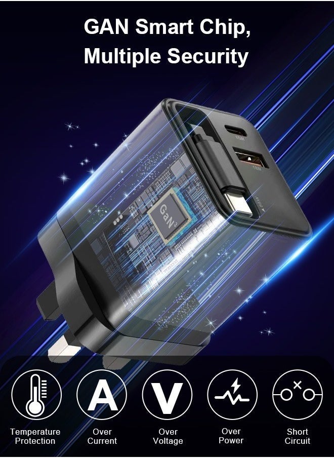 Luttec - 65W Charger Adapter, GaN Super Fast Charging, Portable Travel Wall Charger, Built-in Retractable Charging Cable, Type-C/USB Dual Interface, iPhone/Huawei/Android/Tablet, Compact and Portable, Safe and Durable - Image 1