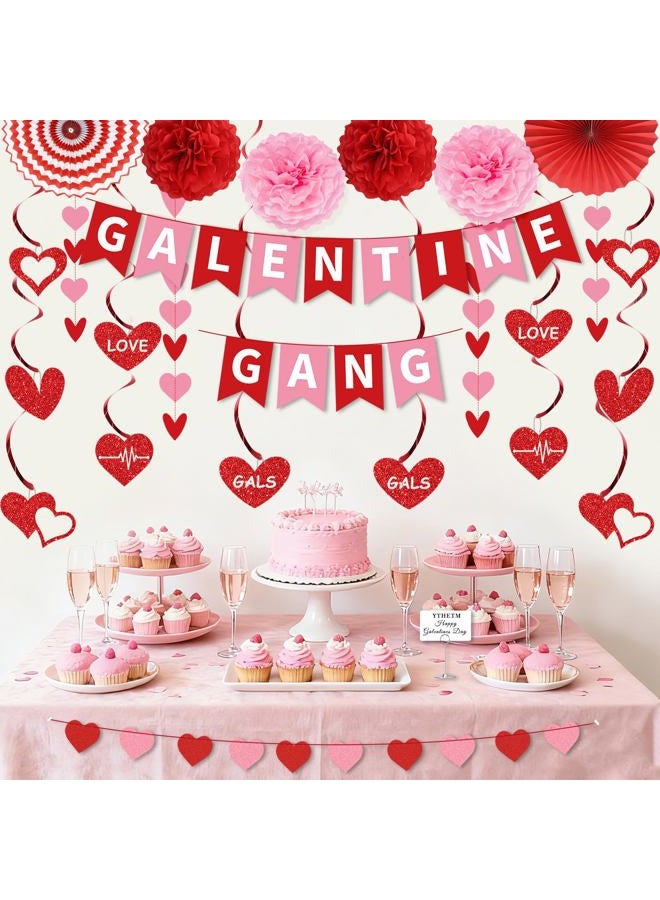 YTHETM Galentines Day Decorations Galentines Gang Banner with Heart Garland Banner Hanging Swirls Paper Fans Pom Poms Happy Galentine's Day Galentines Day Party Decor - Image 3