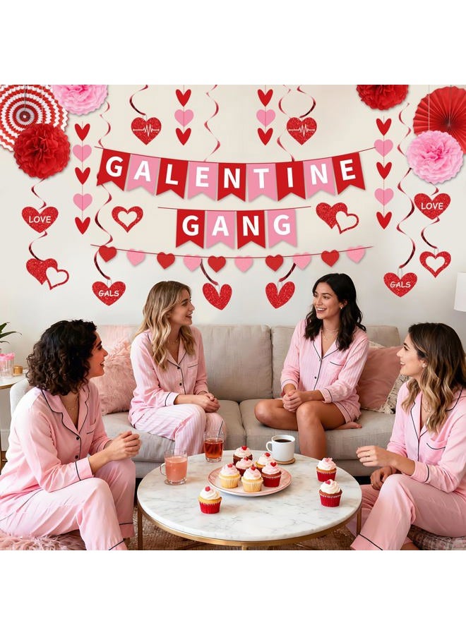 YTHETM Galentines Day Decorations Galentines Gang Banner with Heart Garland Banner Hanging Swirls Paper Fans Pom Poms Happy Galentine's Day Galentines Day Party Decor - Image 5