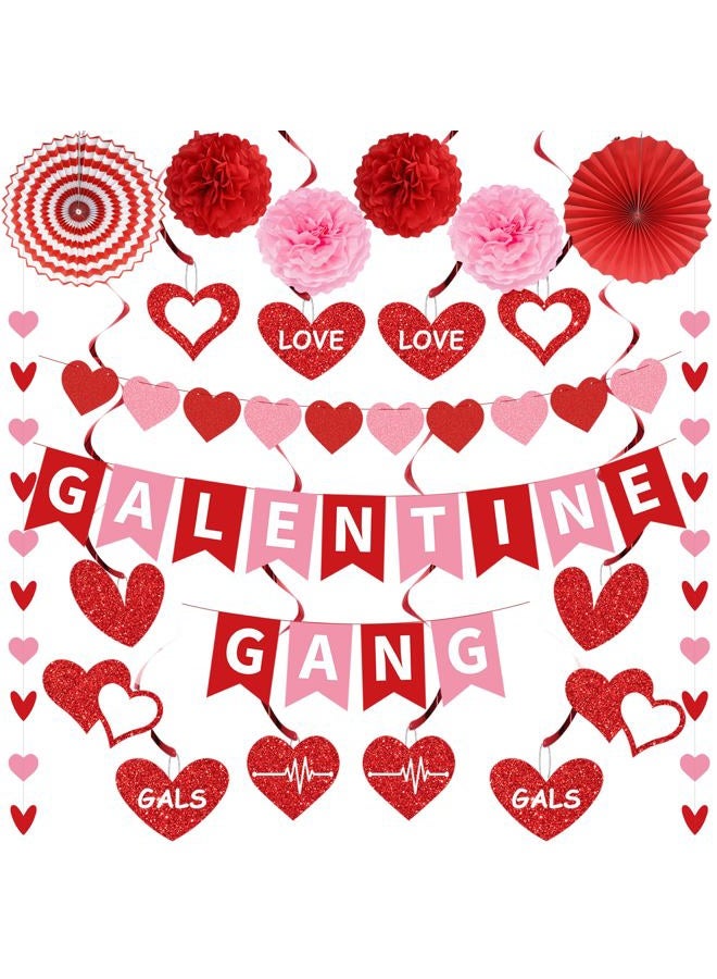 YTHETM Galentines Day Decorations Galentines Gang Banner with Heart Garland Banner Hanging Swirls Paper Fans Pom Poms Happy Galentine's Day Galentines Day Party Decor - Image 1