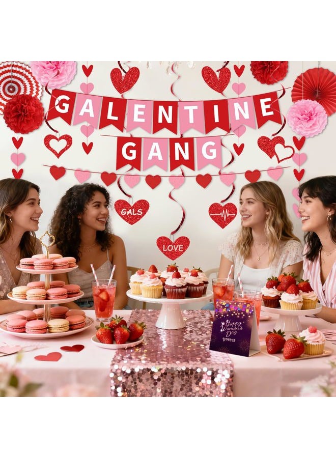 YTHETM Galentines Day Decorations Galentines Gang Banner with Heart Garland Banner Hanging Swirls Paper Fans Pom Poms Happy Galentine's Day Galentines Day Party Decor - Image 4