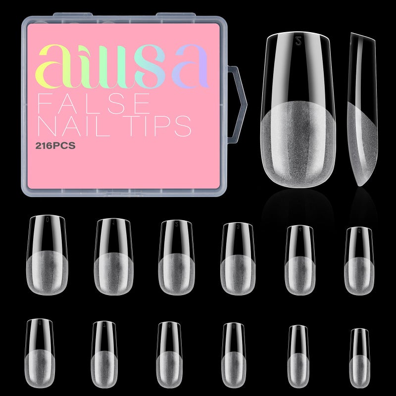 AILLSA Medium Square Nail Tips Full Cover Half Matte Tips Nail Clear Gelly Pre-Shaped Nail Tips Press On False Nail Tip Extension for Home DIY Manicure Salon 216PCS 12 Sizes - Image 1