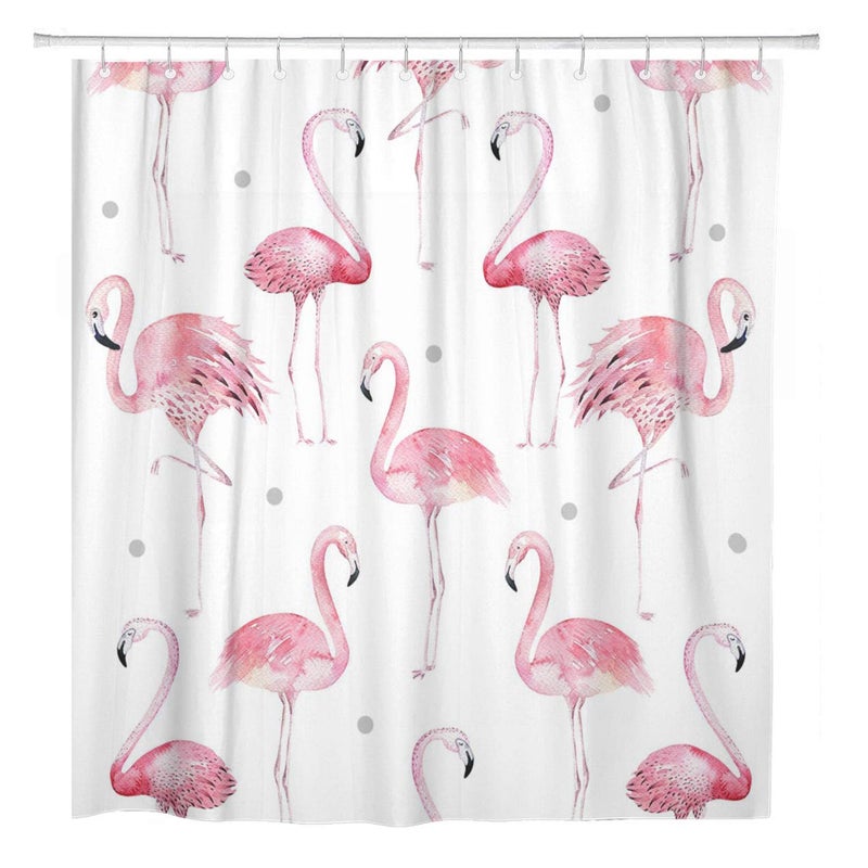 ArtSocket Shower Curtain Watercolor Bath Pink Flamingos Grey Polka Dots Chic Tropical Home Bathroom Decor Polyester Fabric Waterproof 72 x 72 Inches Set with Hooks